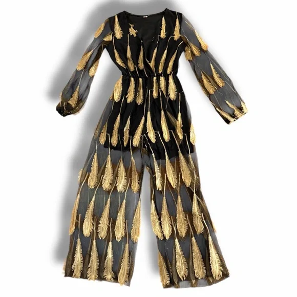 Vintage 90s LAN Classic Metallic Gold 3D Feather Mesh Maxi Romper Festival Glam - Picture 5 of 9
